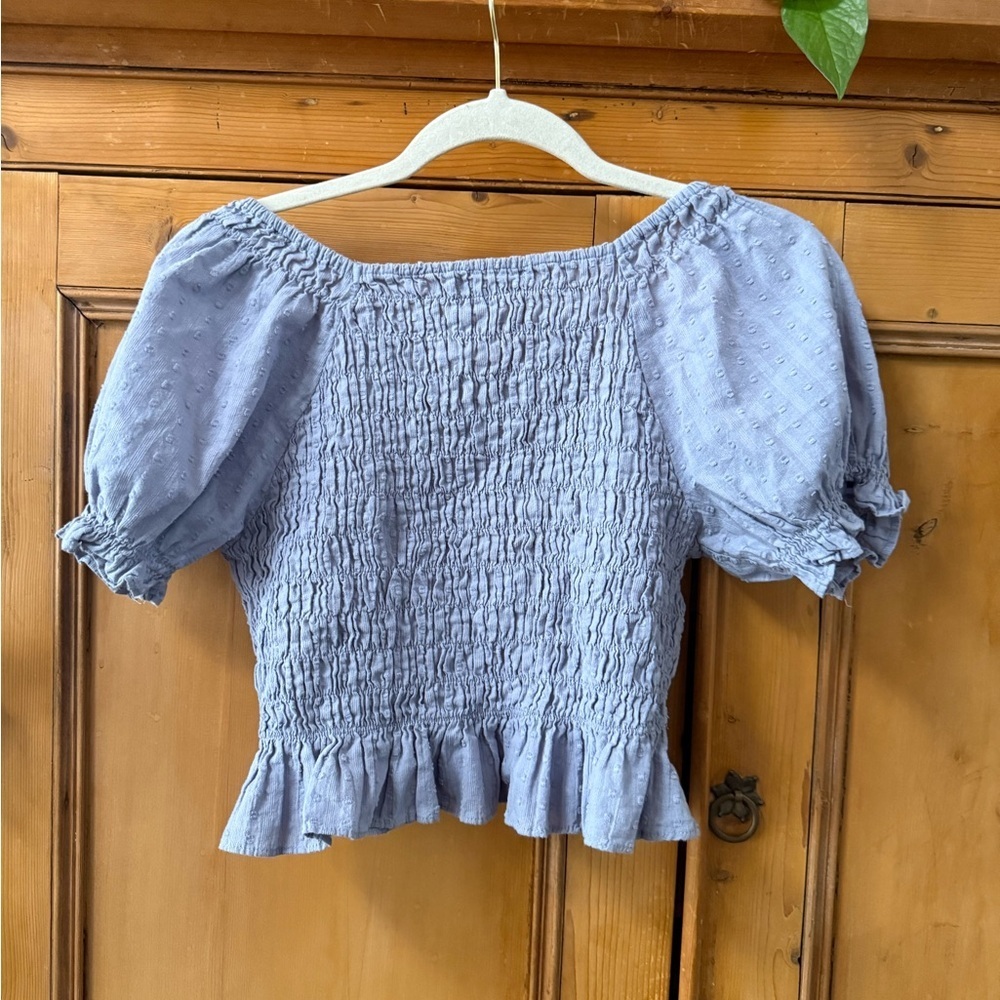 Blue Smocked Puff Sleeve Top by the brand Cotton Candy LA deep v neck cropped - Picture 5 of 6